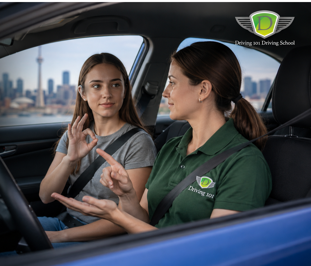 Driving 101 instructor using visual communication with a student in Toronto